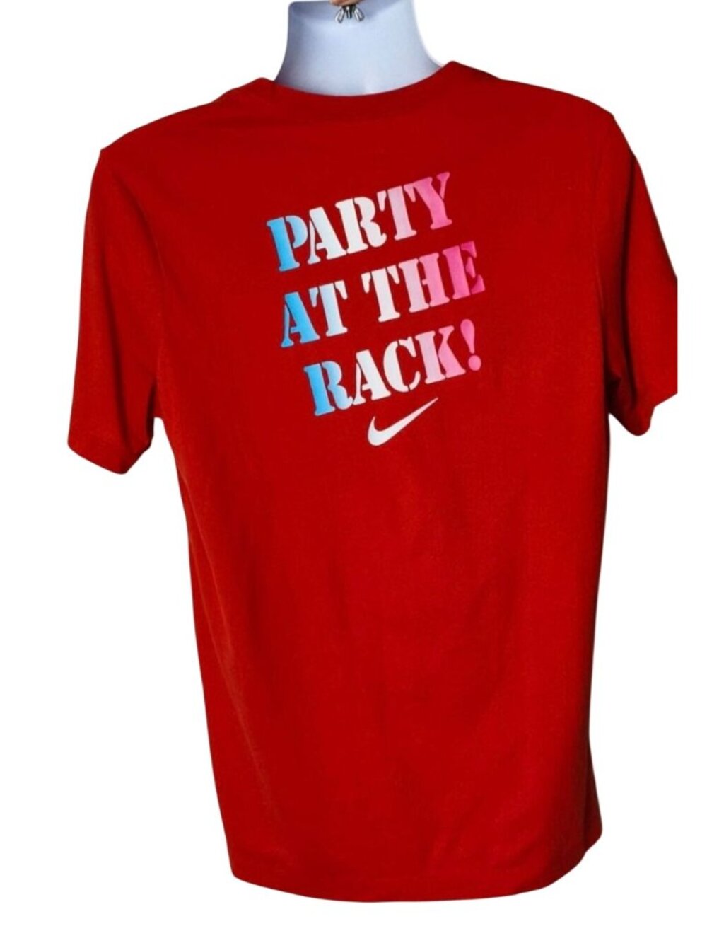 Nike Mens L Tee Dri-Fit Red Graphic Party At The Rack! Casual Sporty Active